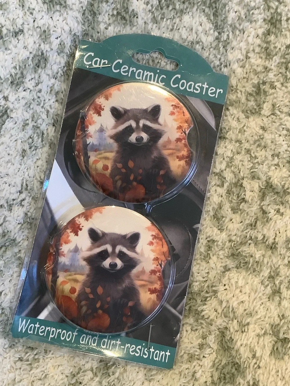 Raccoon Ceramic Car Coaster Set of Two, NWT waterproof 2.75”